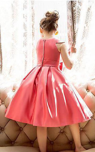 Flower Girl Jewel Neck Cap Sleeve Pleated Satin Gown With Bow