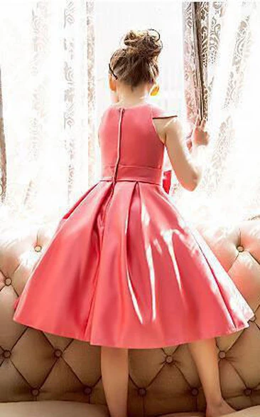 Flower Girl Jewel Neck Cap Sleeve Pleated Satin Gown With Bow