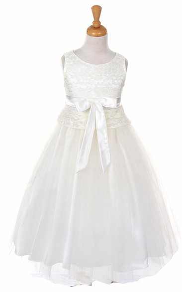 Tea-Length Sleeveless Tulle&Lace Flower Girl Dress