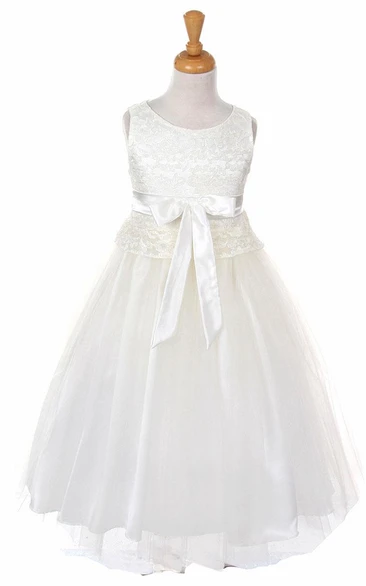 Tea-Length Sleeveless Tulle&Lace Flower Girl Dress