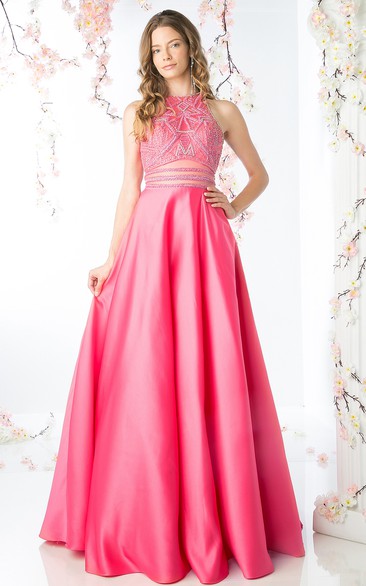 A-Line Long Jewel-Neck Sleeveless Satin Keyhole Dress With Beading