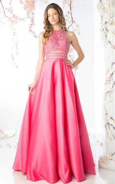 A-Line Long Jewel-Neck Sleeveless Satin Keyhole Dress With Beading