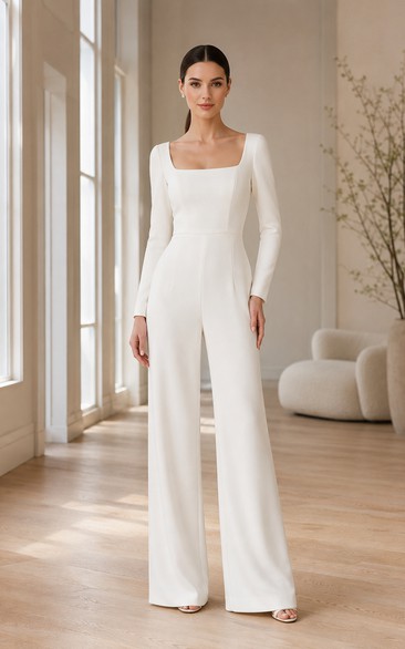 Combinaison de mariage blanche en satin à col carré et manches longues