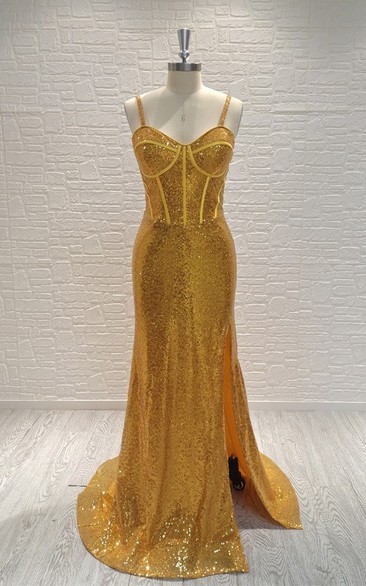 Sequin Simple Gold Spaghetti Front Split Dress