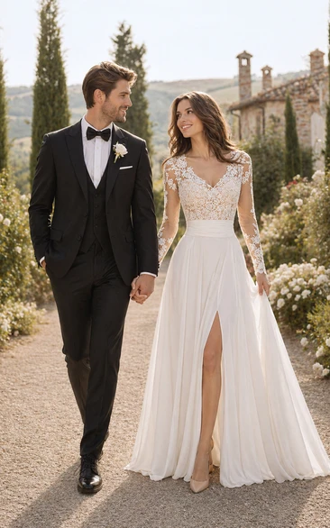 Ethereal Chiffon and Lace V-neck Floor Length Vintage Wedding Dress with Keyhole Back