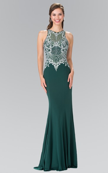 Sheath Long Jewel-Neck Sleeveless Jersey Zipper Dress With Beading And Sequins