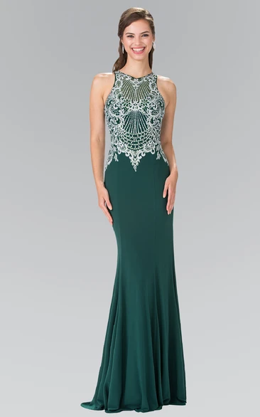 Sheath Long Jewel-Neck Sleeveless Jersey Zipper Dress With Beading And Sequins