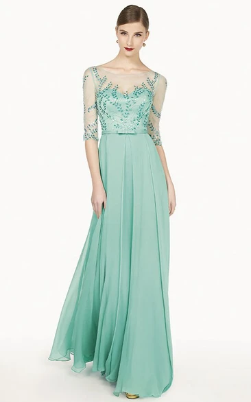 Bateau Tulle Half Sleeve A-Line Chiffon Long Prom Dress With Sequins And Bow
