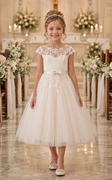 Tea-length Lace Illusion Tulle Flower Girl Dress with Satin Sash