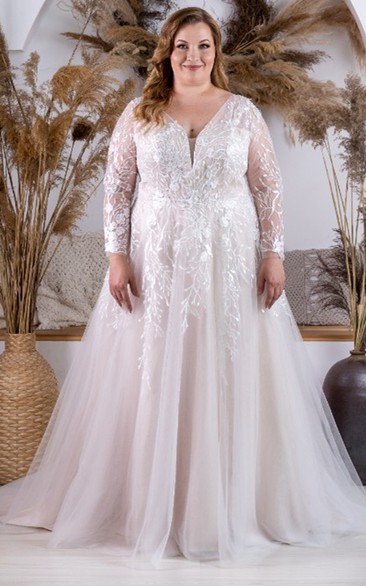 Plus Size A Line Tulle Plunging Neckline Wedding Dress with Appliques