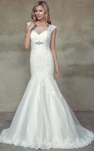 Trumpet Cap-Sleeve Maxi Scoop-Neck Jeweled Lace Wedding Dress With Appliques And Illusion