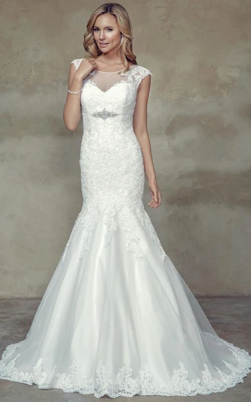 Trumpet Cap-Sleeve Maxi Scoop-Neck Jeweled Lace Wedding Dress With Appliques And Illusion