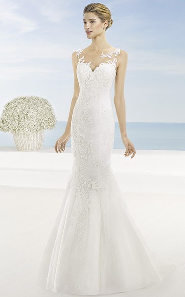 Trumpet Bateau Appliqued Sleeveless Long Lace Wedding Dress With Court Train And Illusion Back