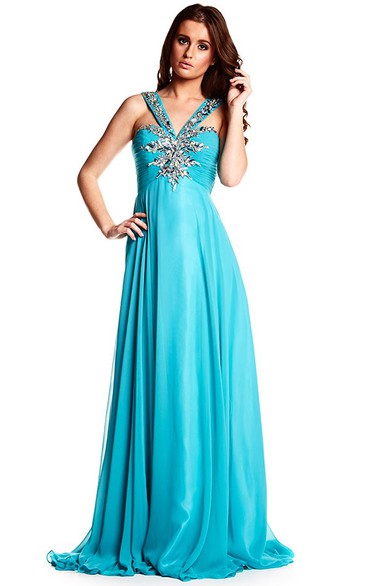 Strapped Sleeveless Beaded Chiffon Prom Dress With Brush Train