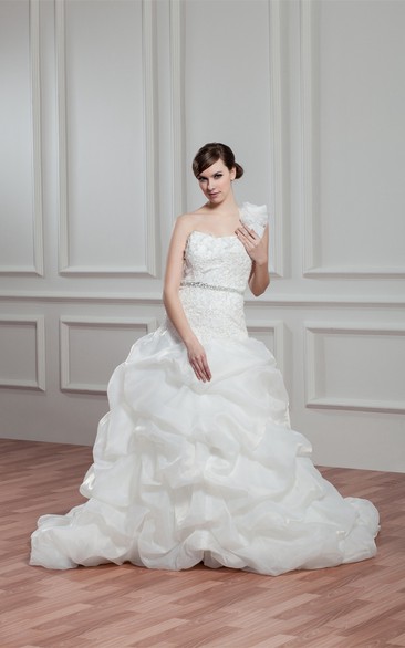 One-Shoulder Pick-Up Gemmed Waist and Ball-Gown With Lace