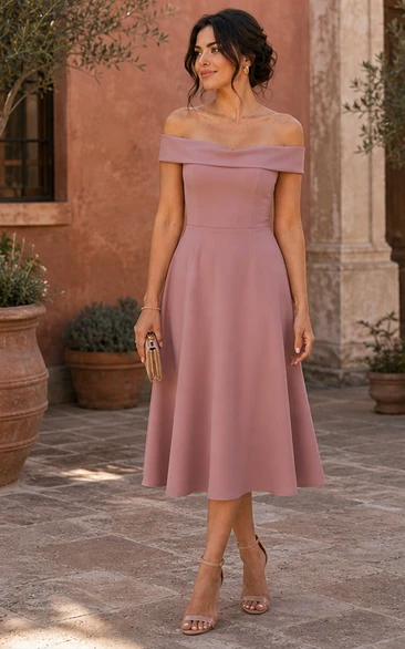Dusty Rose Off-the-Shoulder A-Line Tea-Length Dress