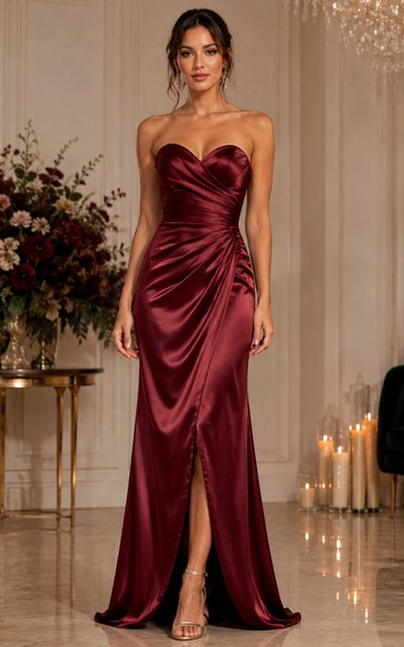 Burgundy Strapless Satin Slit Bridesmaid Dress
