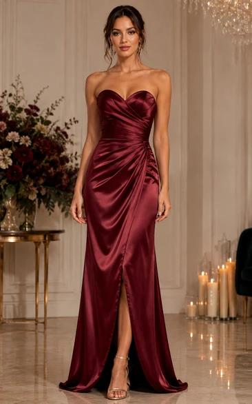 Burgundy Strapless Satin Slit Bridesmaid Dress