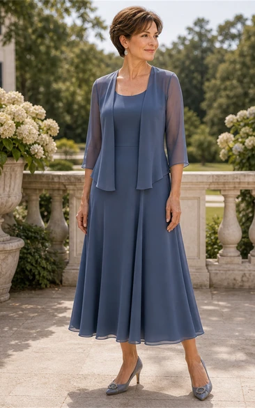 Steel Blue 3/4 Sleeve Chiffon Jacket Mother Dress