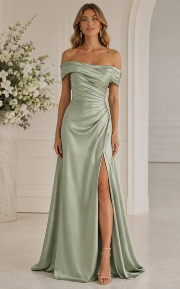Sage Off-the-Shoulder Satin A-Line Dress with Slit