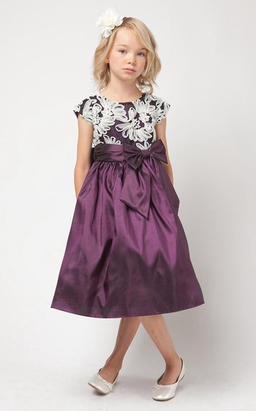 Bowed Taffeta Flower Girl Dress With Embroidery