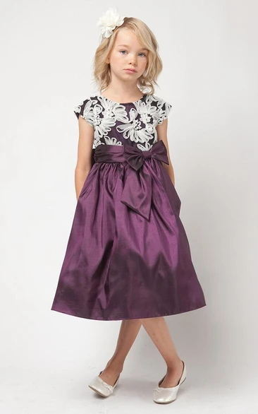 Bowed Taffeta Flower Girl Dress With Embroidery