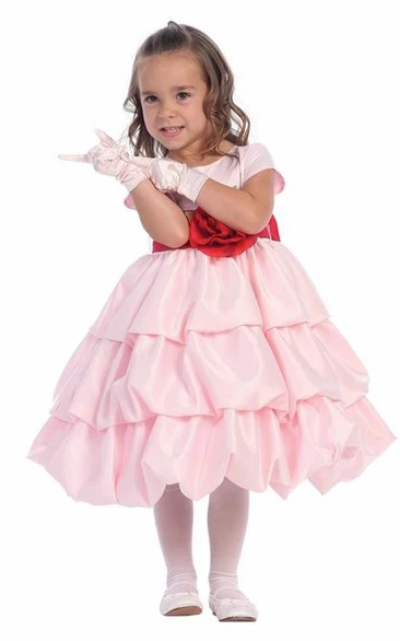 Tea-Length Tiered Cap-Sleeve Satin Flower Girl Dress