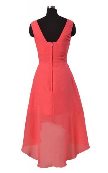 Sleeveless V-neck High-low Chiffon Dress With Ruching - Dorris Wedding