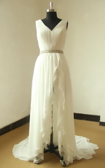 Chiffon Lace Weddig Vow Renewal Dress With Beading Sash Ribbon