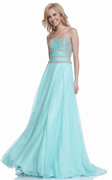 A-Line Maxi Strapless Sleeveless Chiffon Illusion Dress With Ruching And Beading