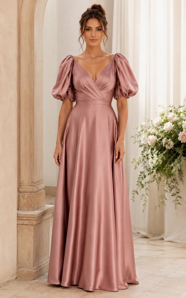 Dusty Rose V-neck Puff Sleeve Satin Bridesmaid Dress