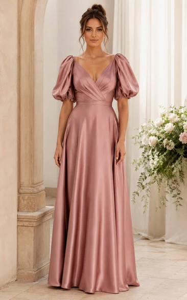 Dusty Rose V-neck Puff Sleeve Satin Bridesmaid Dress