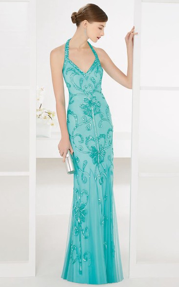 Halter Sheath Tulle Long Prom Dress With Sequined Embroidery