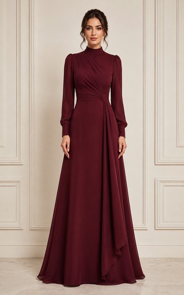 Burgundy High Neck Draped A-Line Formal Dress
