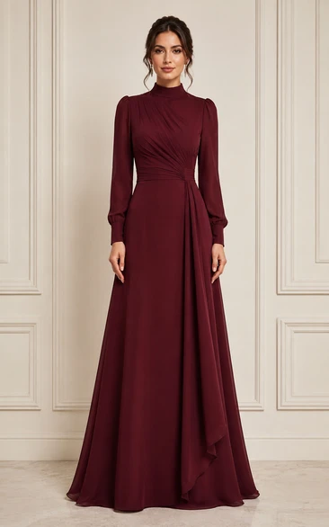 Burgundy High Neck Draped A-Line Formal Dress