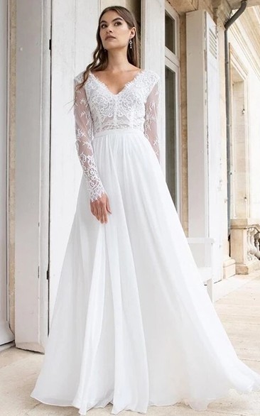 Modest BV-neck A Line Floor-length Long Sleeve Wedding Dress