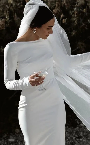 Elegant Bateau-neck Long Sleeve Mermaid Minimalist White Solid Backless Wedding Dress