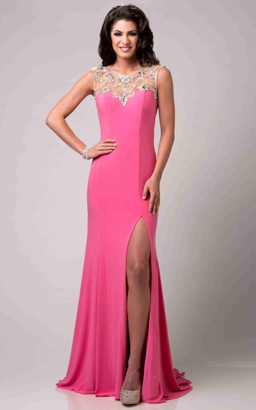 Cap Sleeve Satin Chiffon Prom Dress Featuring Crystal Detailed Top