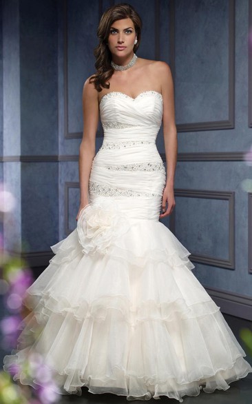 Trumpet Beaded Long Sweetheart Organza Wedding Dress With Criss Cross And Flower