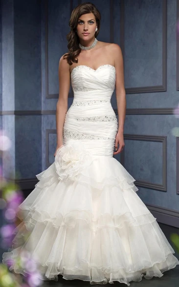Trumpet Beaded Long Sweetheart Organza Wedding Dress With Criss Cross And Flower