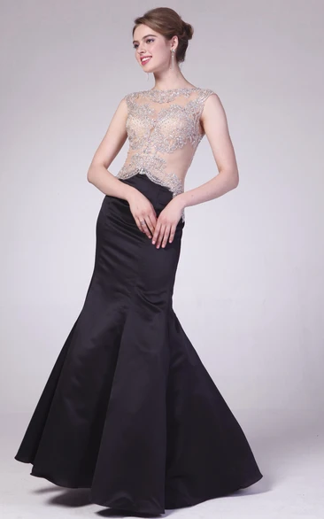 Trumpet Jewel-Neck Sleeveless Satin Illusion Dress With Beading