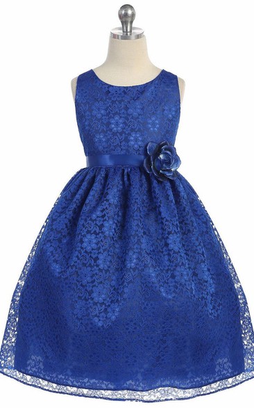 Floral Tea-Length Tiered Lace Flower Girl Dress