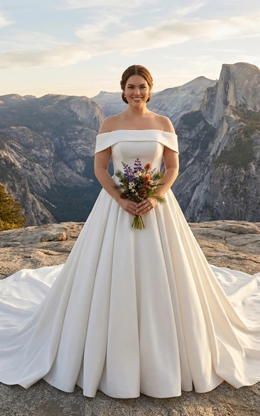 Plus Size Off Shoulder Satin Ball Gown Wedding Dress with Cathedral Train
