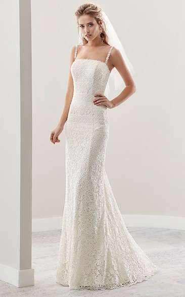 Fine Lace Sheath Bridal Gown With Spaghetti Straps And Low Back