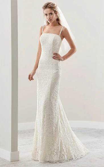 Fine Lace Sheath Bridal Gown With Spaghetti Straps And Low Back