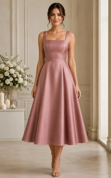 Dusty Rose Square Neck Tea-Length Satin Bridesmaid Dress