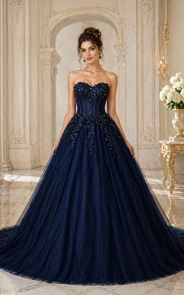 Ball Gown Floor-Length Sweetheart Sleeveless Bell Beading Appliques Court Train Corset Back Tulle Lace Dress
