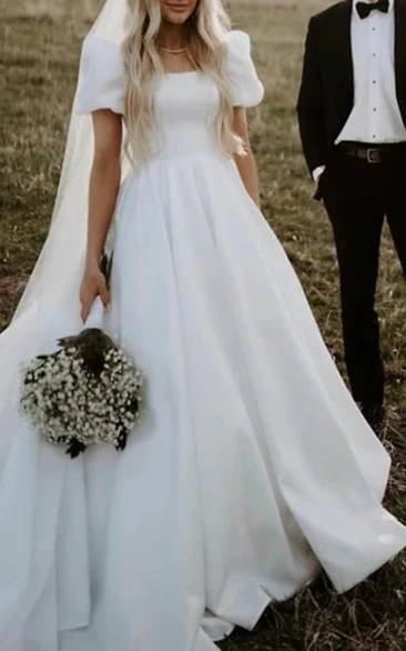 Puff-Sleeve Square-Neck Wedding Dress