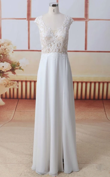 Front Split Lace Chiffon A-line Wedding Dress In Cap Sleeves And Scoop Neck With Illusion Button Back