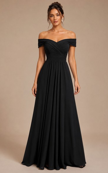 A-Line Off-the-Shoulder Short Sleeve Chiffon Bridesmaid Dress with Pleats